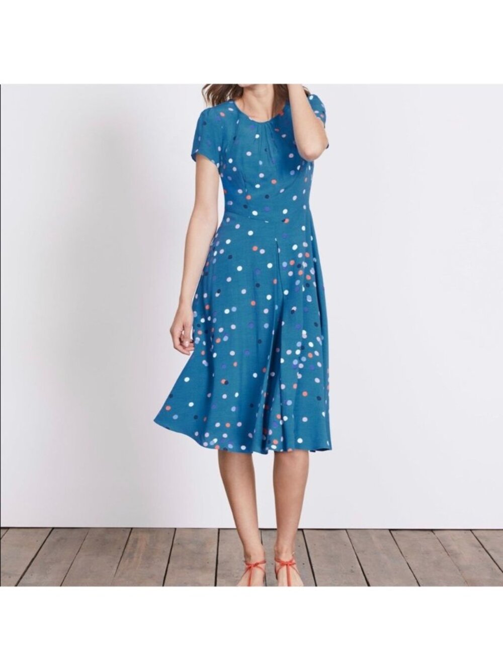 Boden Calissa Midi Dress in Blue Polka Dot Size 12 Long